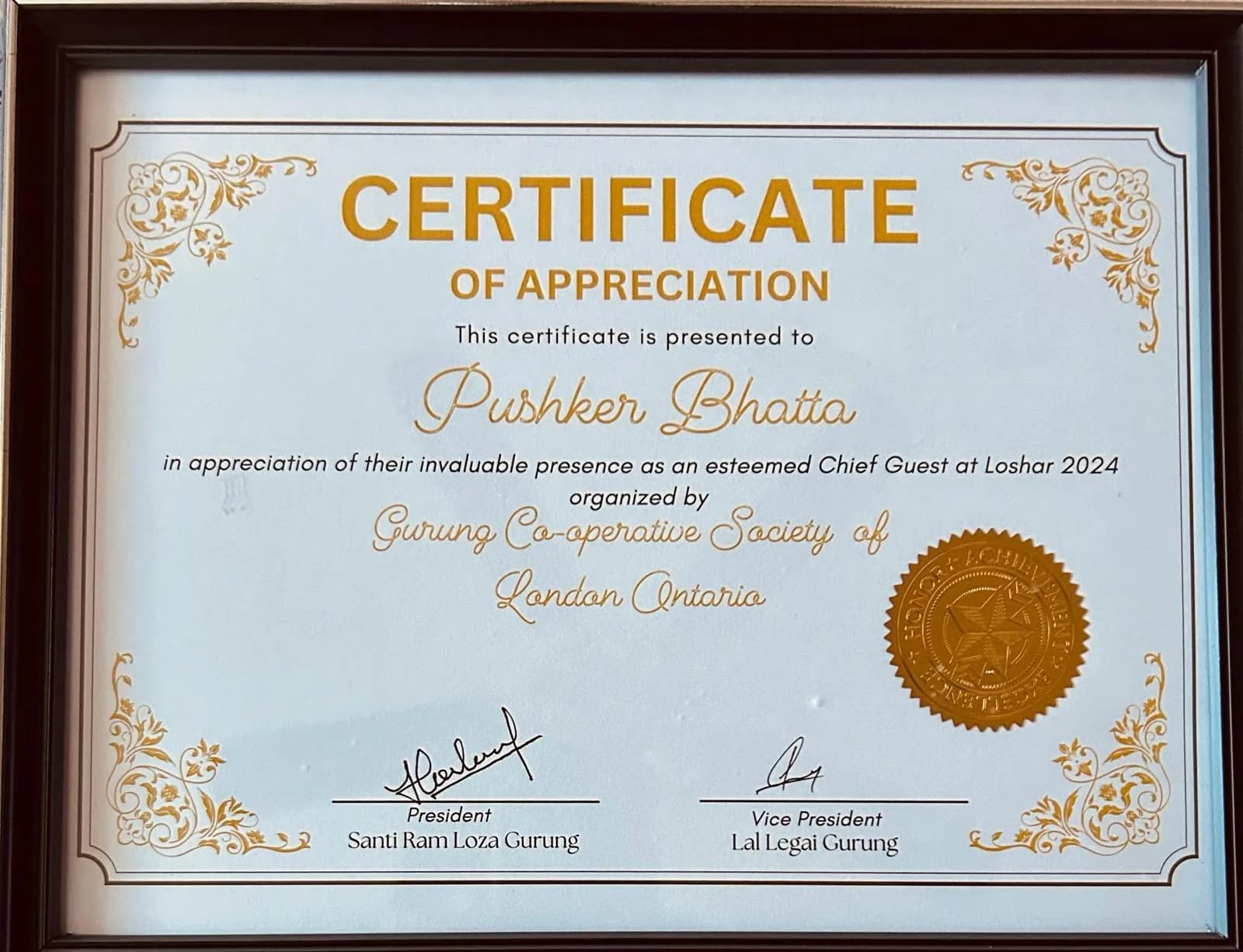 Certificate of appreciation